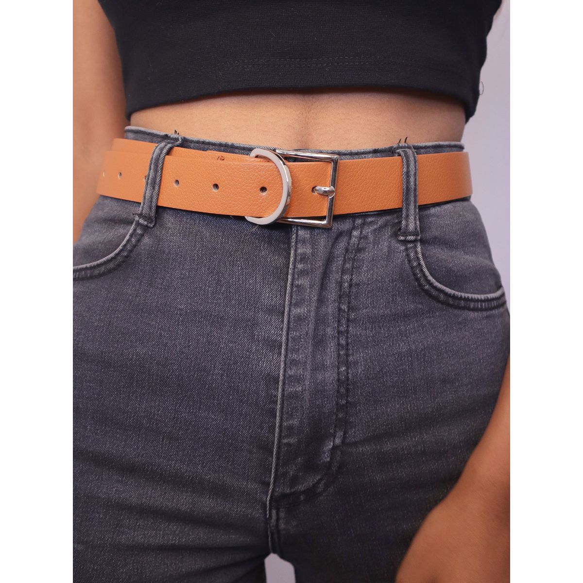 Tan Faux Leather Silver Square Buckle Belt