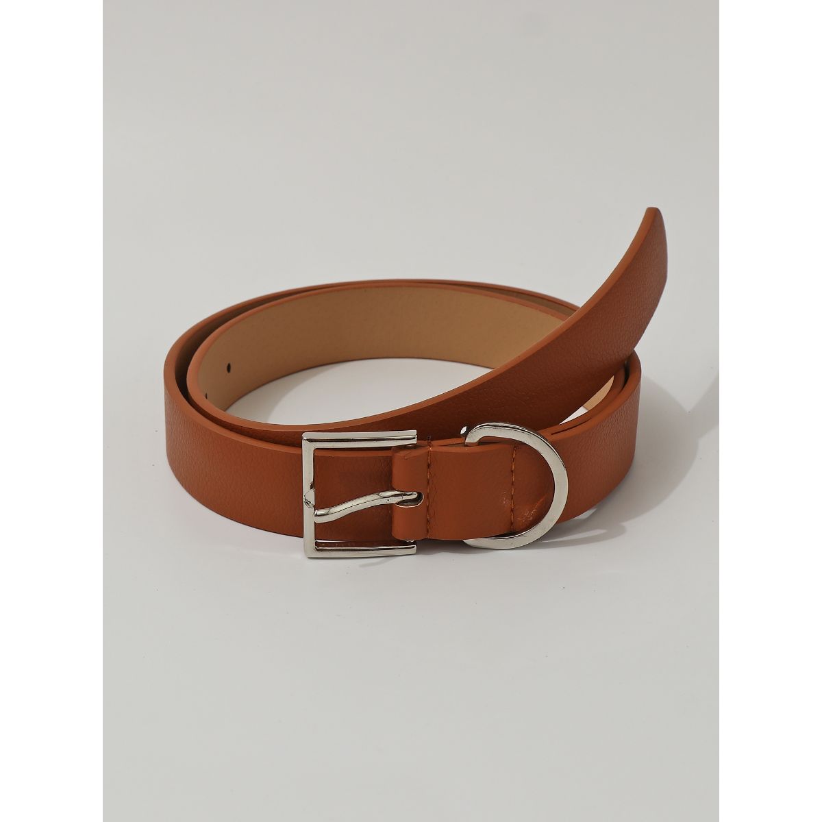 Tan Faux Leather Silver Square Buckle Belt