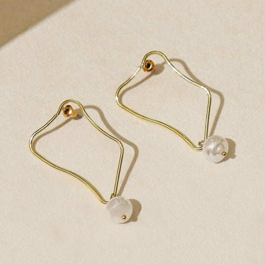 Gold Curved Contemporary Pearl Drop Earrings