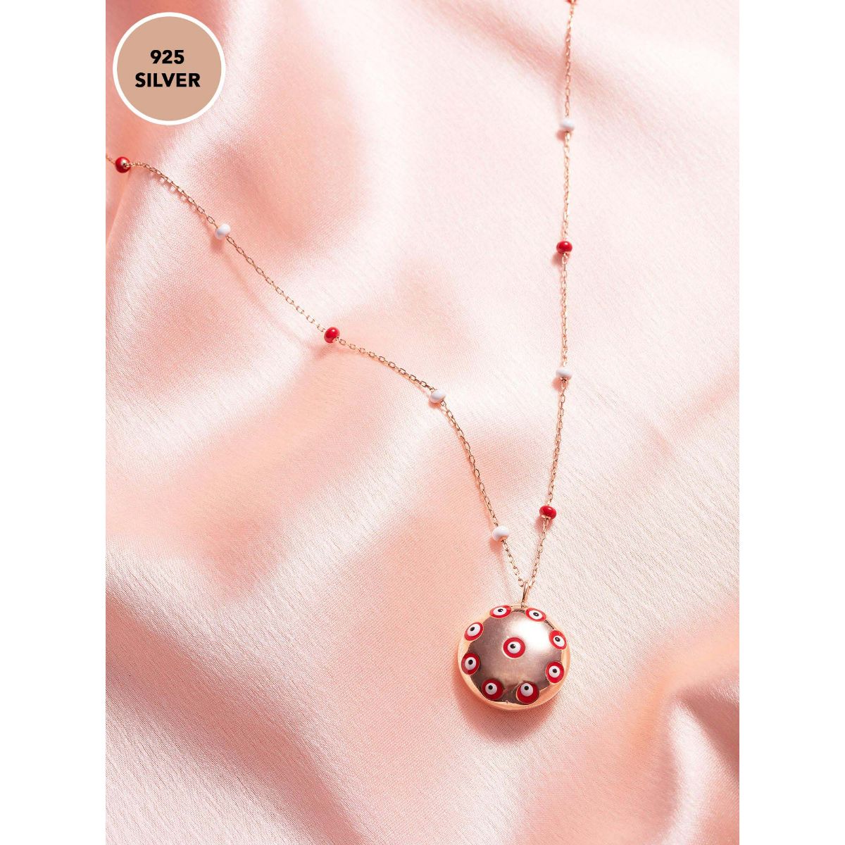 Dew by PB Sterling Silver Rose Gold Toned Red Evil Eye Embellished Round Pendant Necklace