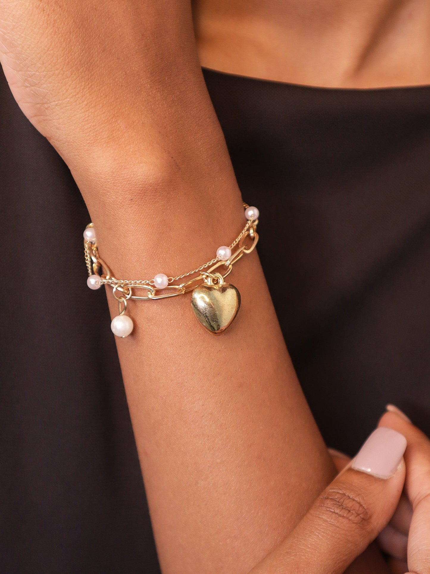 Minimal Gold Plated and Pearl Bracelet with Heart Charm
