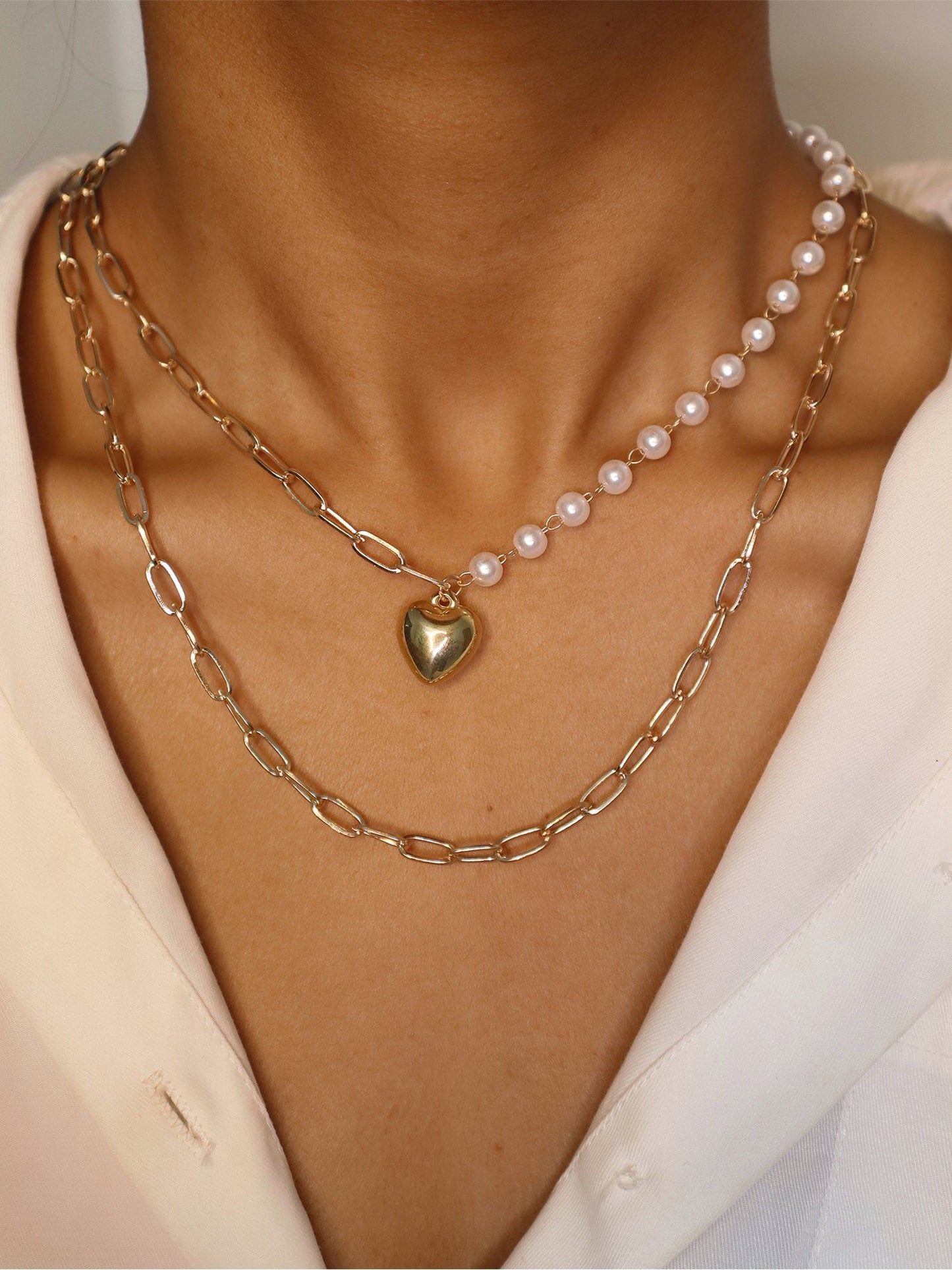 Gold and Pearl Half n Half Layered Necklace with Heart Pendant