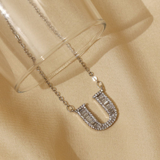 Silver Clear Crystal Studded U Initial Pendant