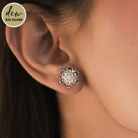 Dew by PB Silver-plated 925 Sterling Silver Flower Stone Studded Earrings