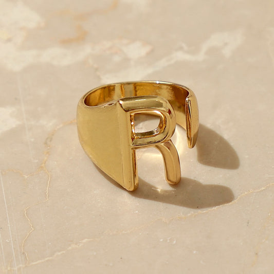 R Initial Gold Letter Ring