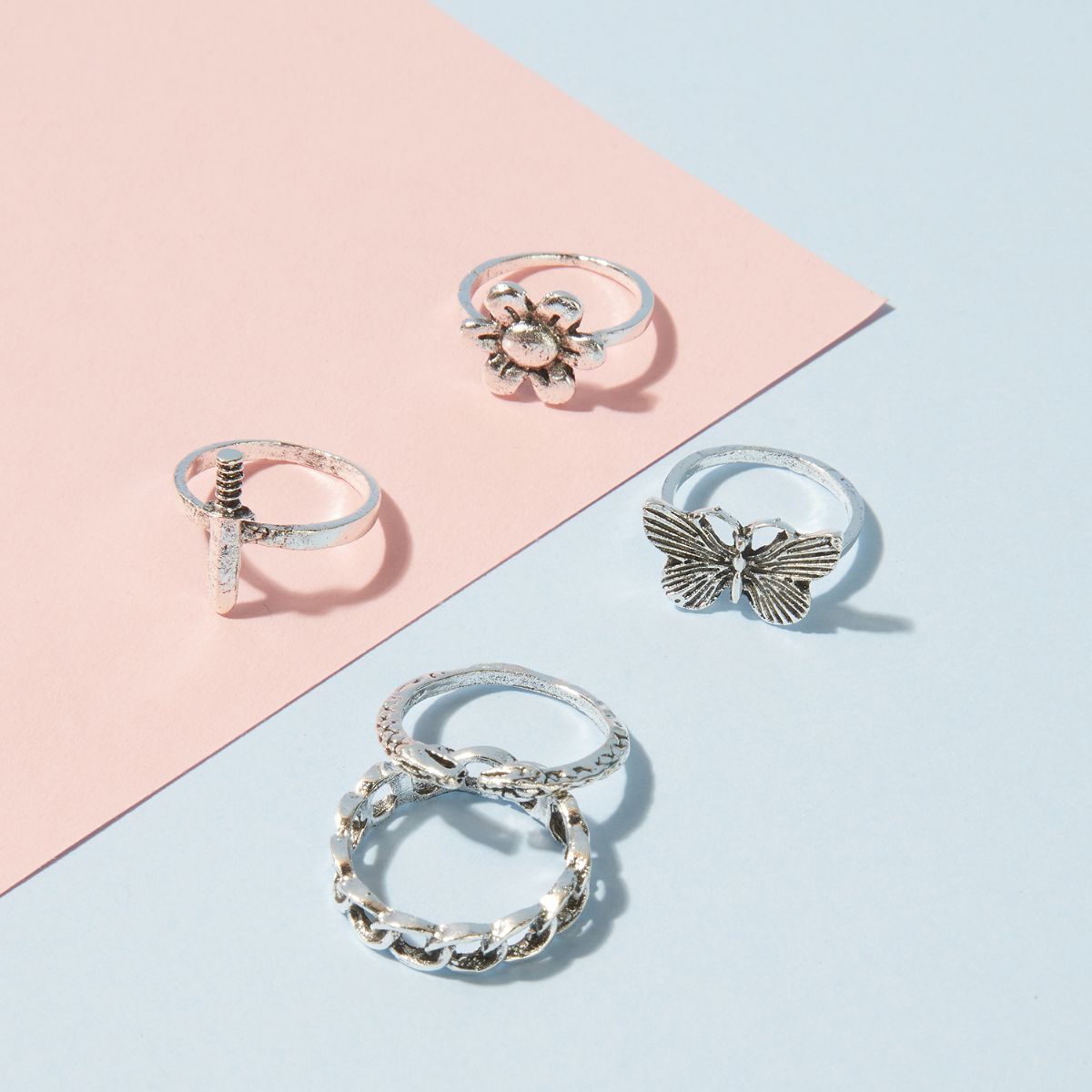 Pipa Bella by Nykaa Fashion Set of 5 Silver Plated Butterfly and Heart Rings Combo