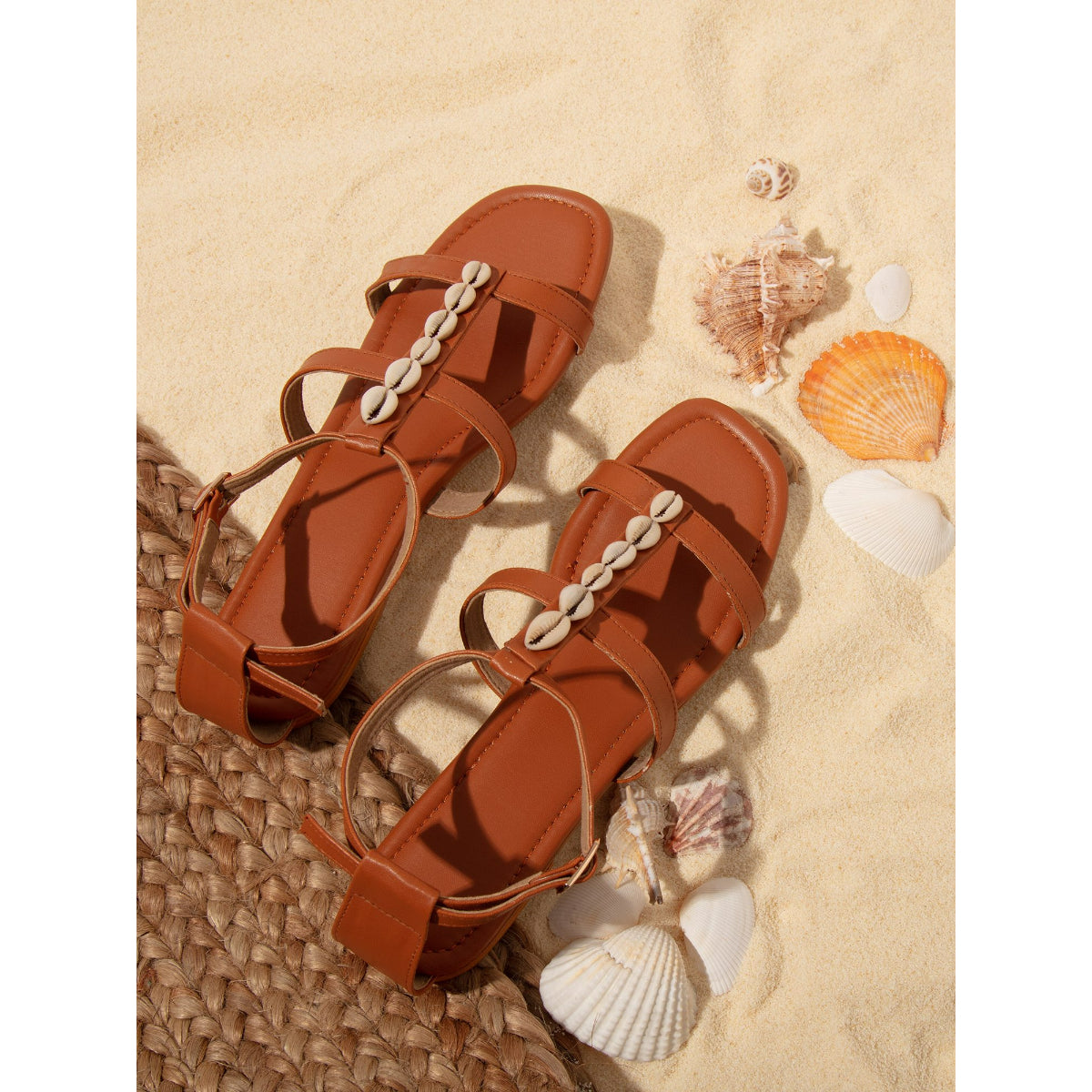 Smart Tan Flat Sandals with Shells (EURO 37)