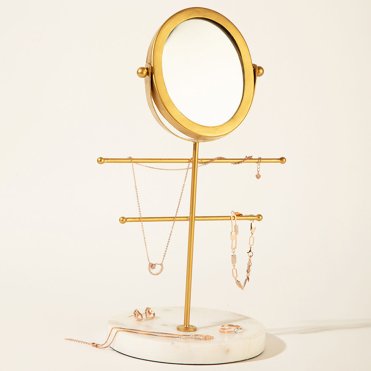 Modern Gold Metal and Mirror with Marble Jewellery Stand