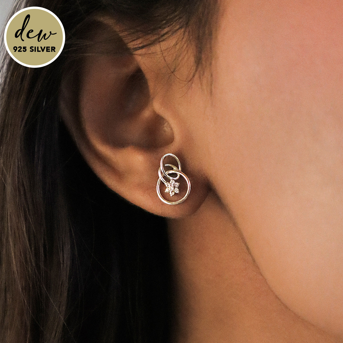 Dew by PB Silver-plated 925 Sterling Silver Stone Studded Geometric Circle Earrings