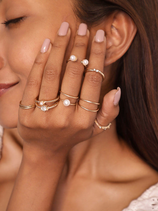 Set of 10 Minimal Gold Plated and Pearl Rings Combo