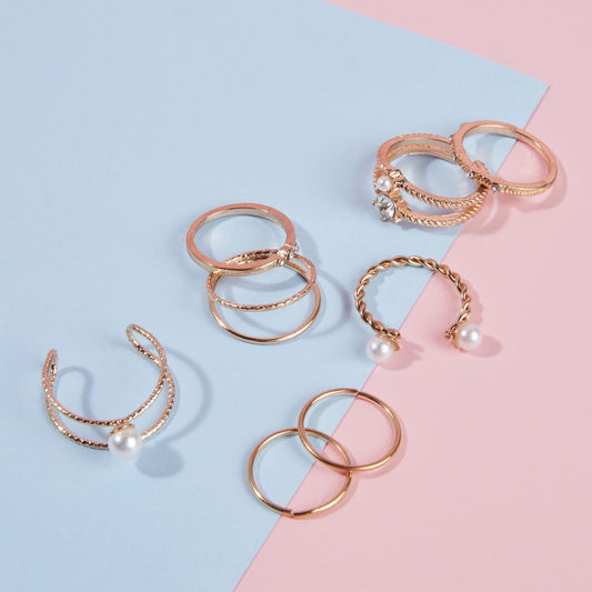 Pipa Bella by Nykaa Fashion Set of 10 Minimal Gold Plated and Pearl Rings Combo