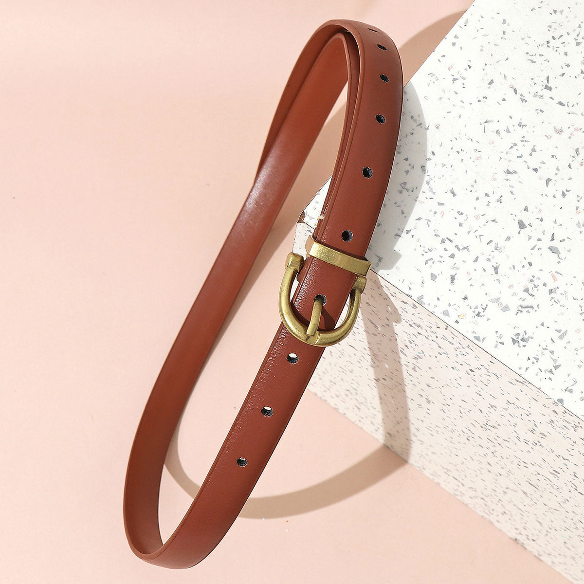 Classic Brown Faux Leather Gold Semi-round Buckle Belt