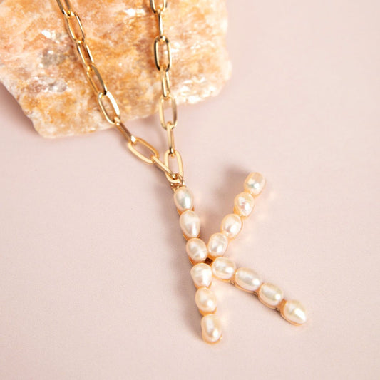 Gold Pearl Studded K Initial Chain Necklace