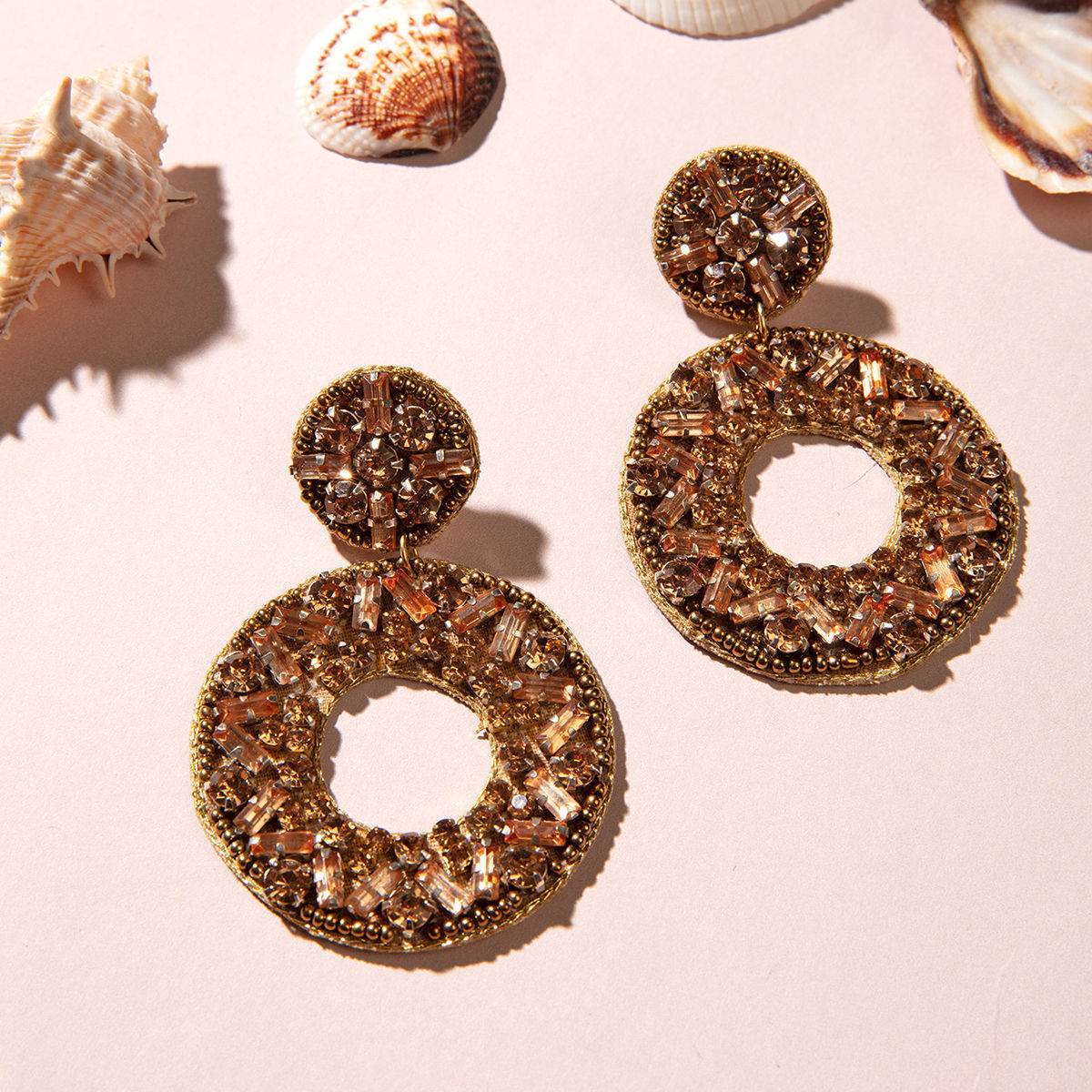 Statement Gold Round Dangler Earrings Embellished with Stones