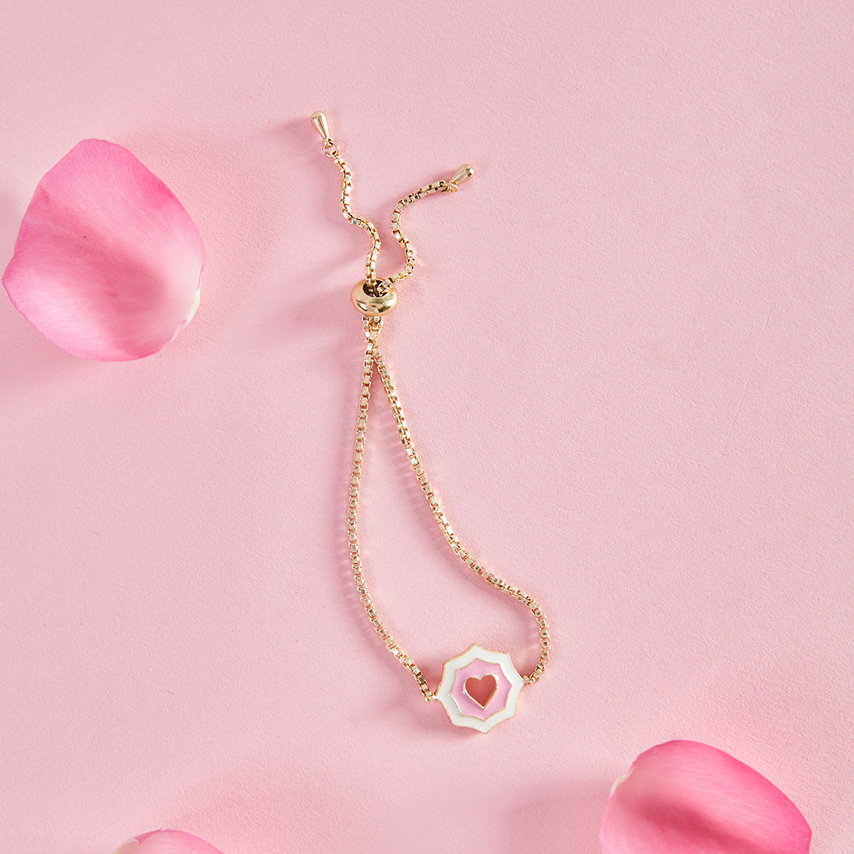 Pink and White Heart Enamel Bolo Chain Bracelet
