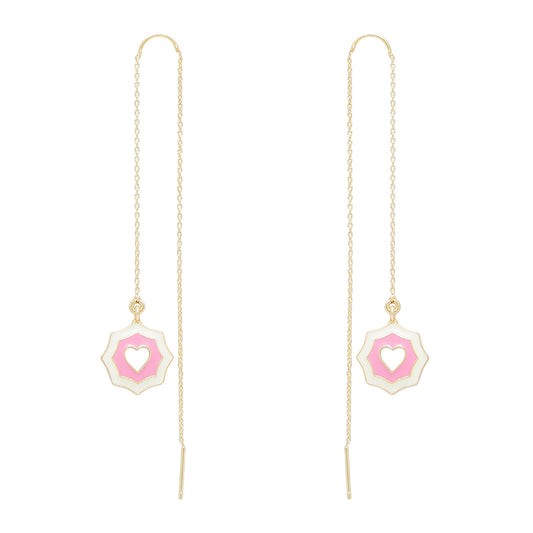 Pink and White Heart Enamel Thread Earrings