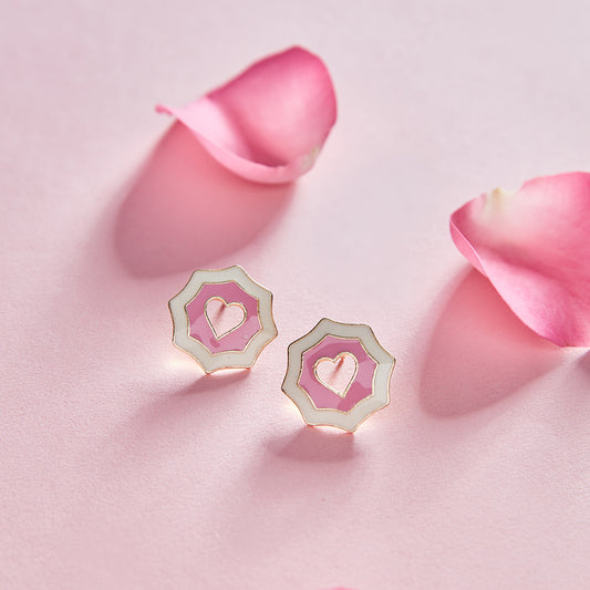 Pink and White Heart Enamel Stud Earrings
