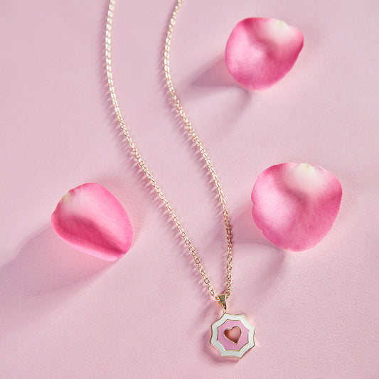 Pink and White Heart Pendant Enamel Necklace