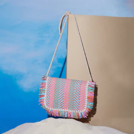 Mia Pink & Green Woven Vacay Sling Bag with Tassels