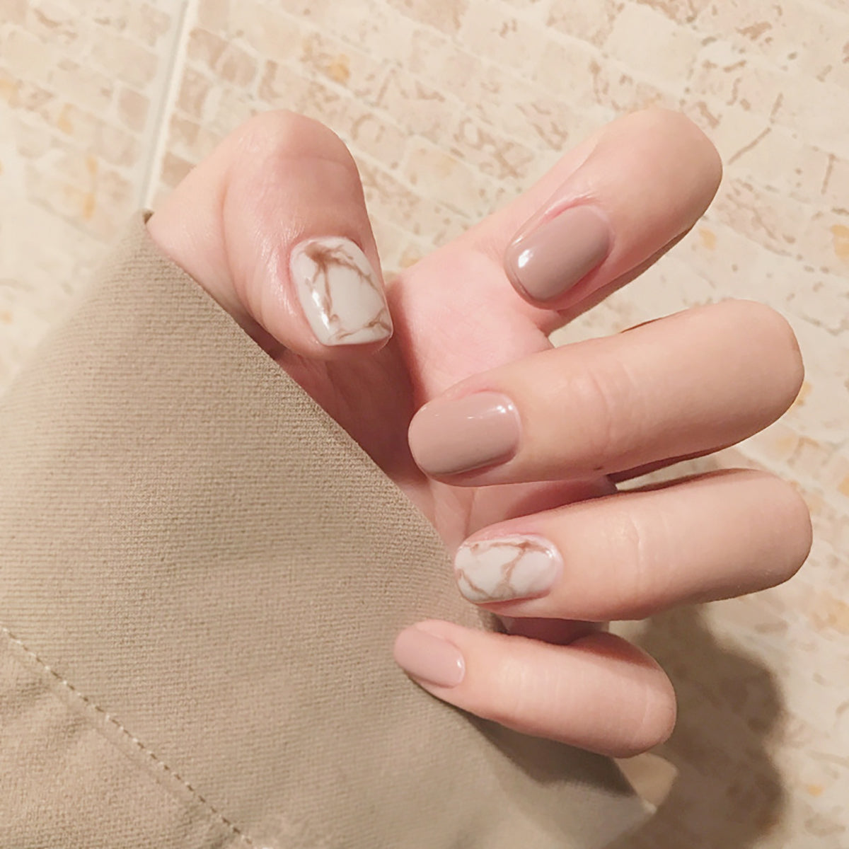 Beige Marble Print Stick On Nails