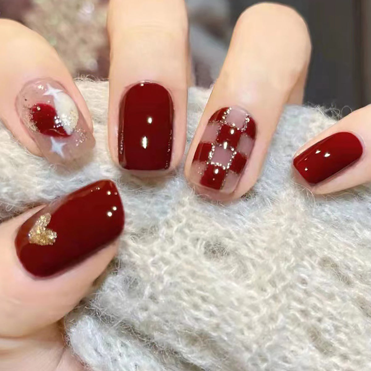 Maroon Abstract Stick On Nails