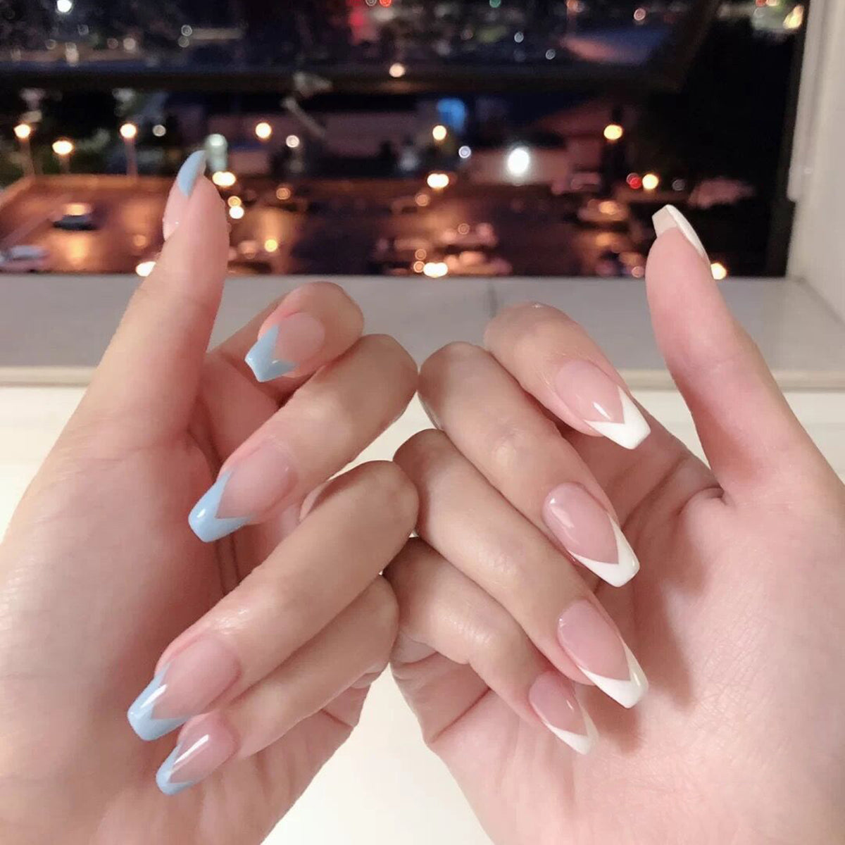 Blue and White Coffin French Stick On Nails