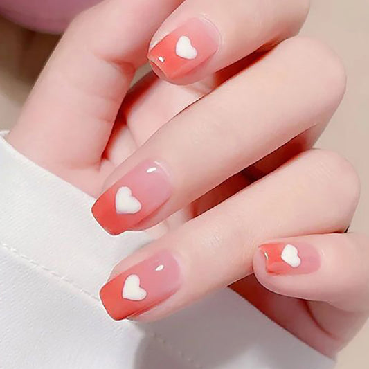 Peach Ombre Stick On Nails with White Hearts