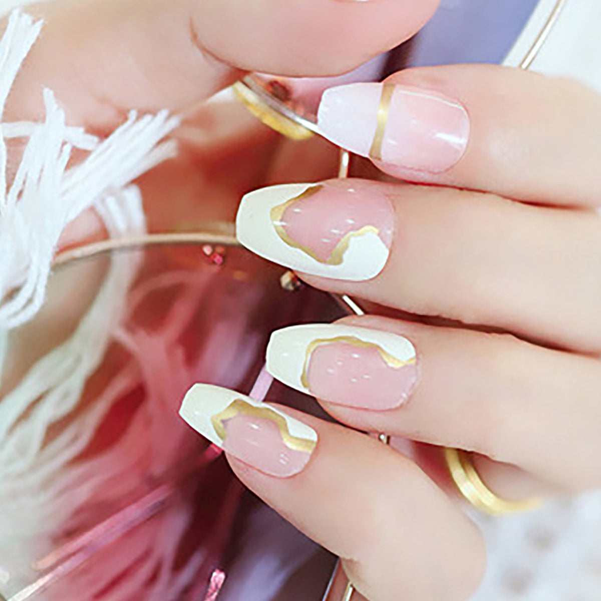 White Stick On Nails with Gold Outlines