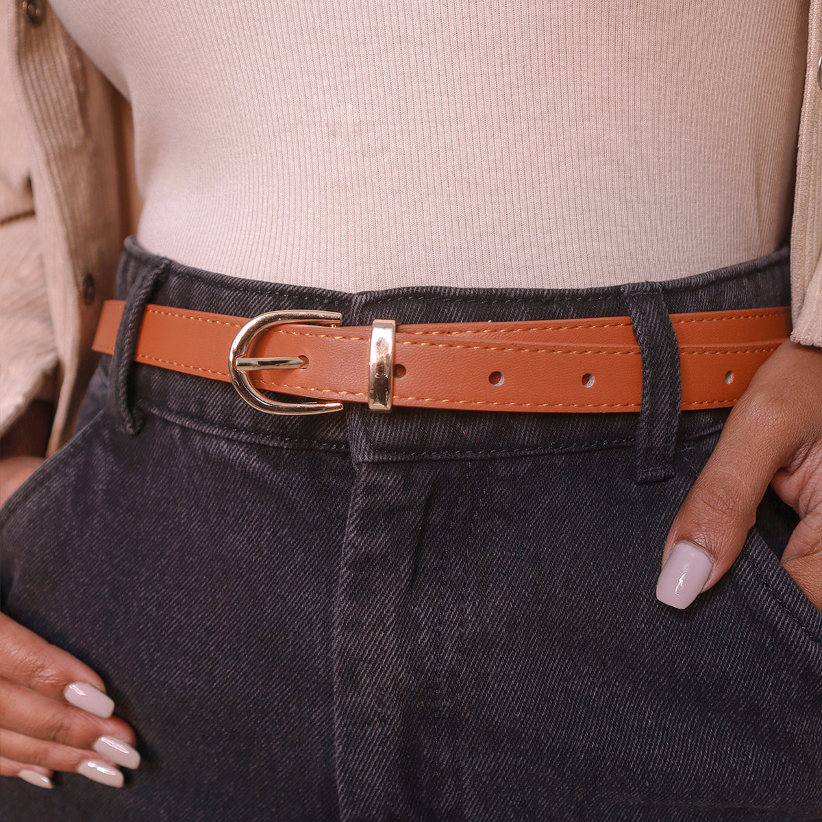 Brown With Gold Tone Thin Belt