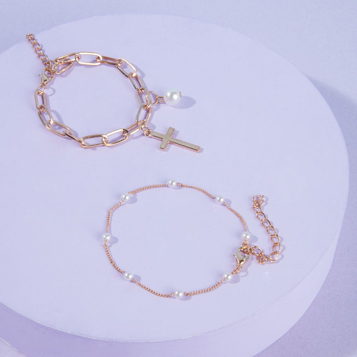 Layered Gold Plated and Dainty Pearl Link Chain Bracelet