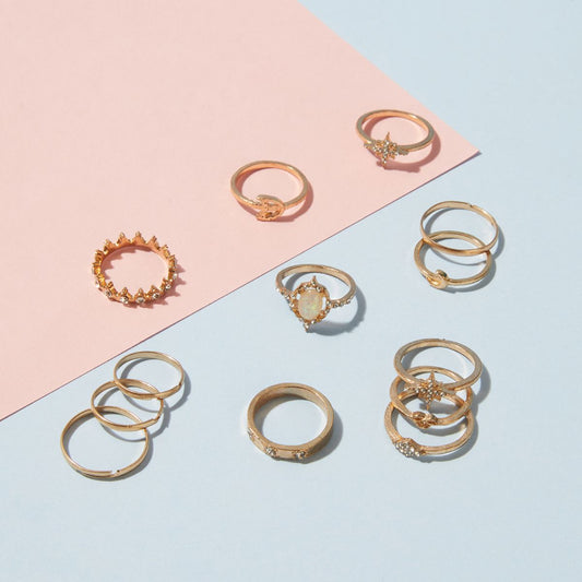 Set of 12 Dainty Gold Plated Rings Combo