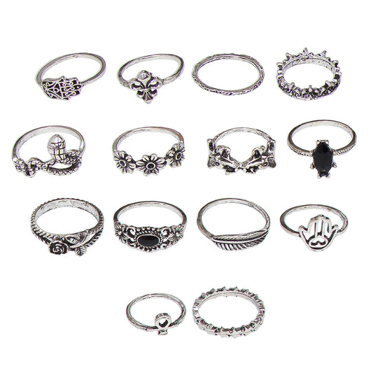 Set of 14 Oxidised Silver Plated Hamza Rings Combo