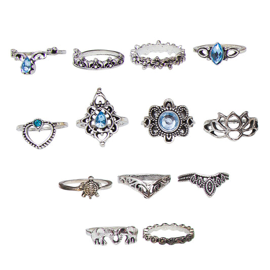 Set of 13 Blue Stone Studded Oxidised Silver Plated Rings Combo