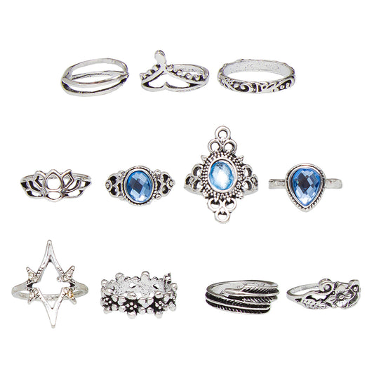 Set of 11 Stone Studded Oxidised Silver Plated Rings Combo