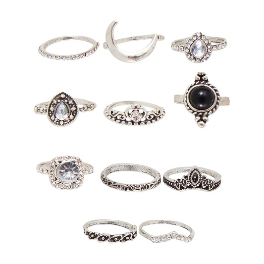 Set of 11 Black Stone Studded Oxidised Silver Plated Rings Combo
