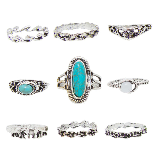 Set of 9 Light Blue Stone Studded Oxidised Silver Plated Rings Combo