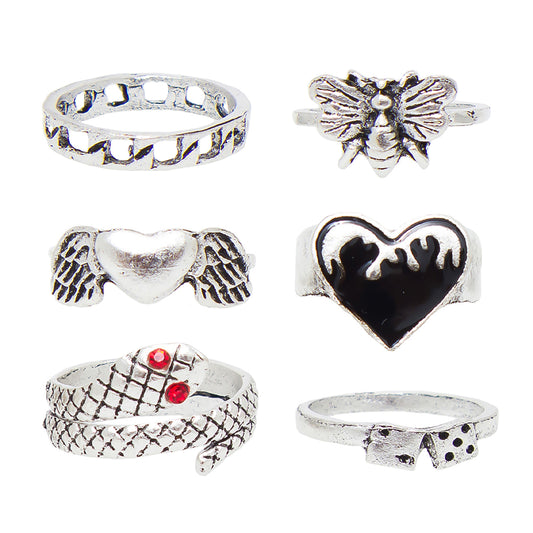 Set of 6 Silver Plated Serpent and Heart Rings Combo