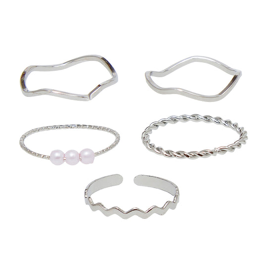 Set of 5 Chic Pearl and Silver Plated Rings Combo