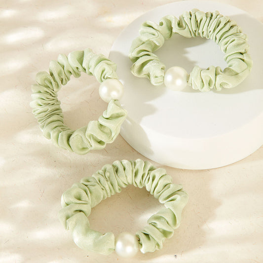 SET OF 3 GREEN RUFFLED HAIR TIES WITH PEARL