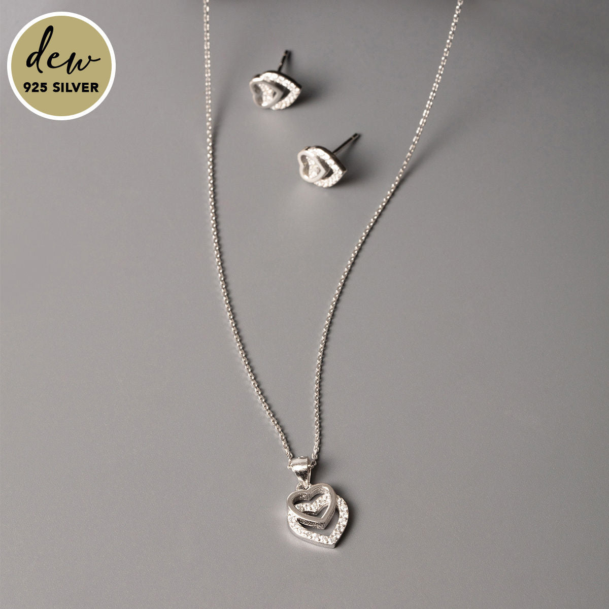 Stunning CZ Stone Silver Dual Hearts Jewellery Set