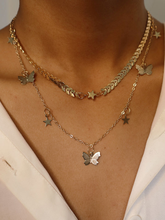 Butterfly Studded Gold Plated Layered Necklace