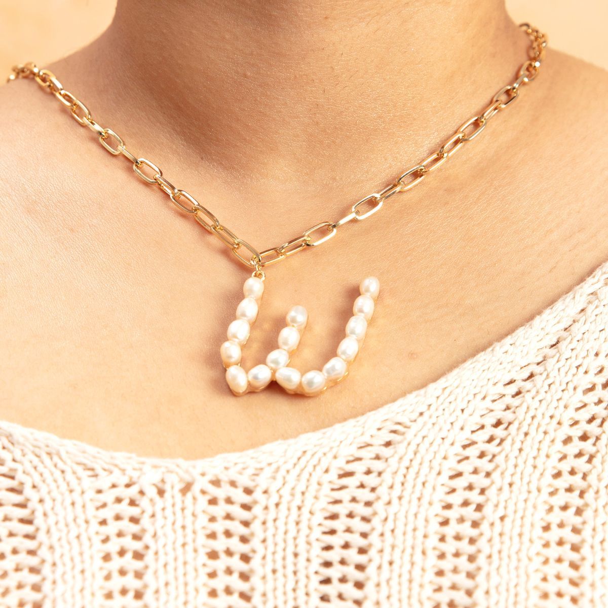 Gold Pearl Studded W Initial Chain Necklace