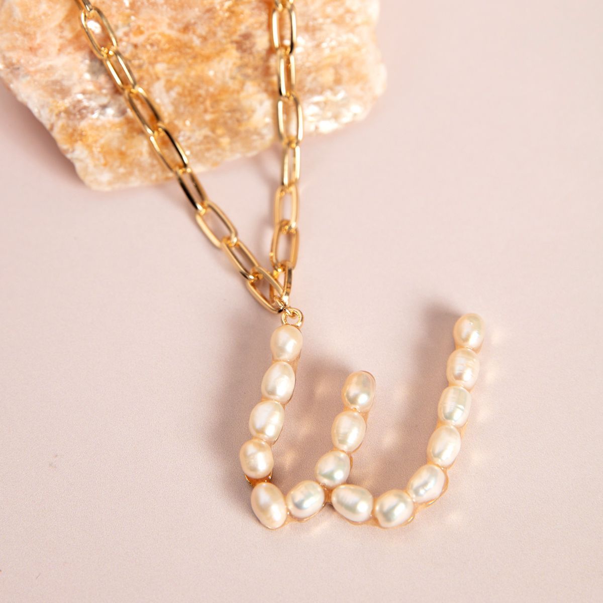 Gold Pearl Studded W Initial Chain Necklace
