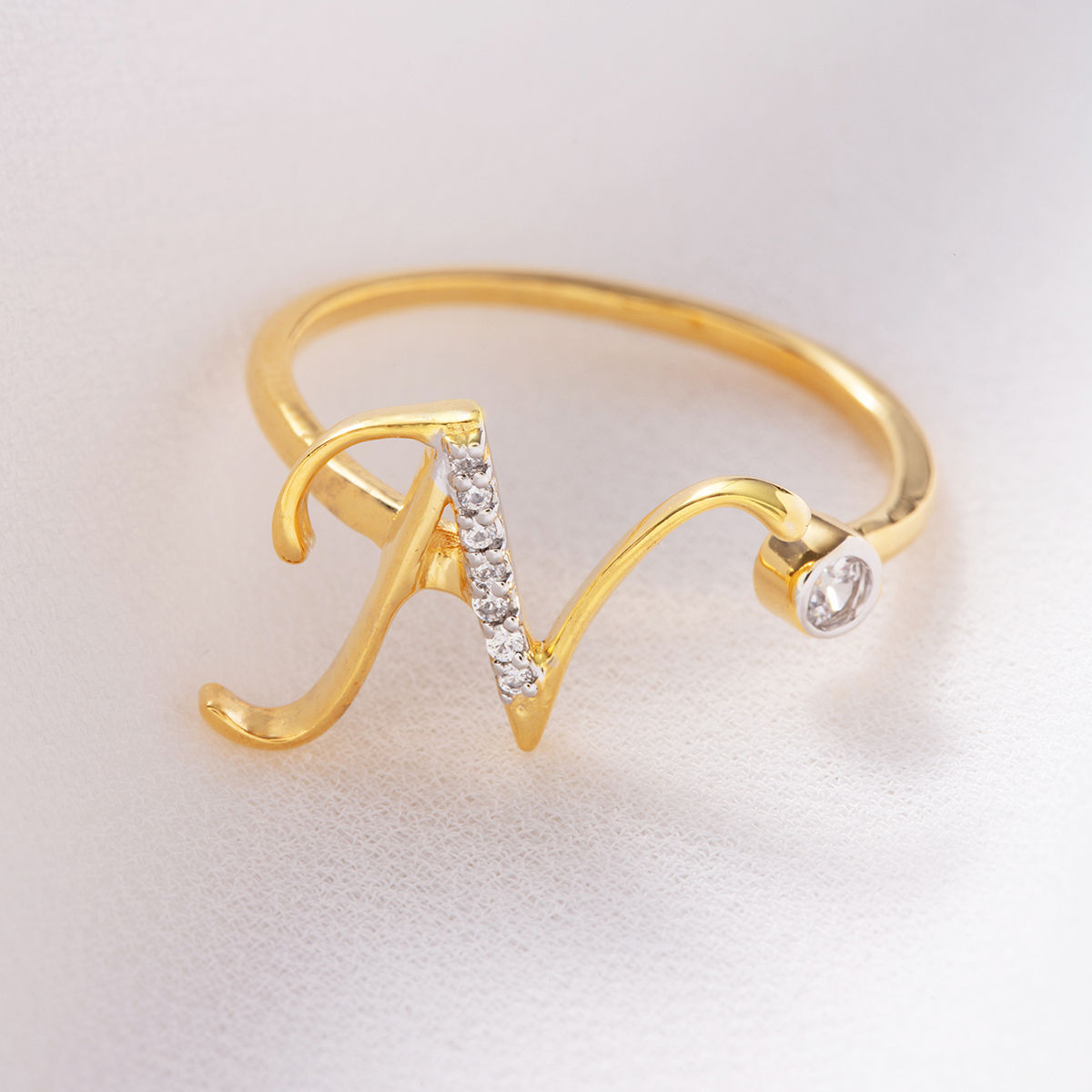 Gold-Plated 925 Sterling Silver Stone Studded Initial N Ring