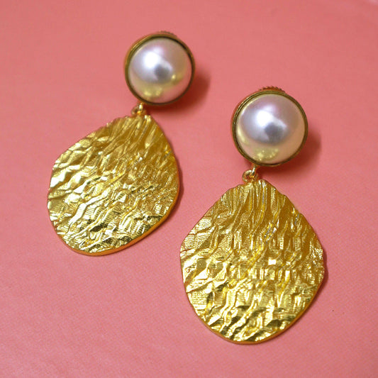 Statement Gold Toned Textured Earring with Pearls