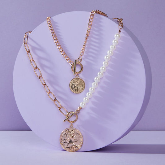 Pipa Bella by Nykaa Fashion Gold and Pearl Half n Half Layered Necklace with Coin Charm Pendant
