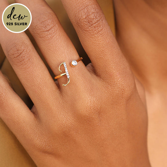 Gold-Plated 925 Sterling Silver Stone Studded Initial J Ring