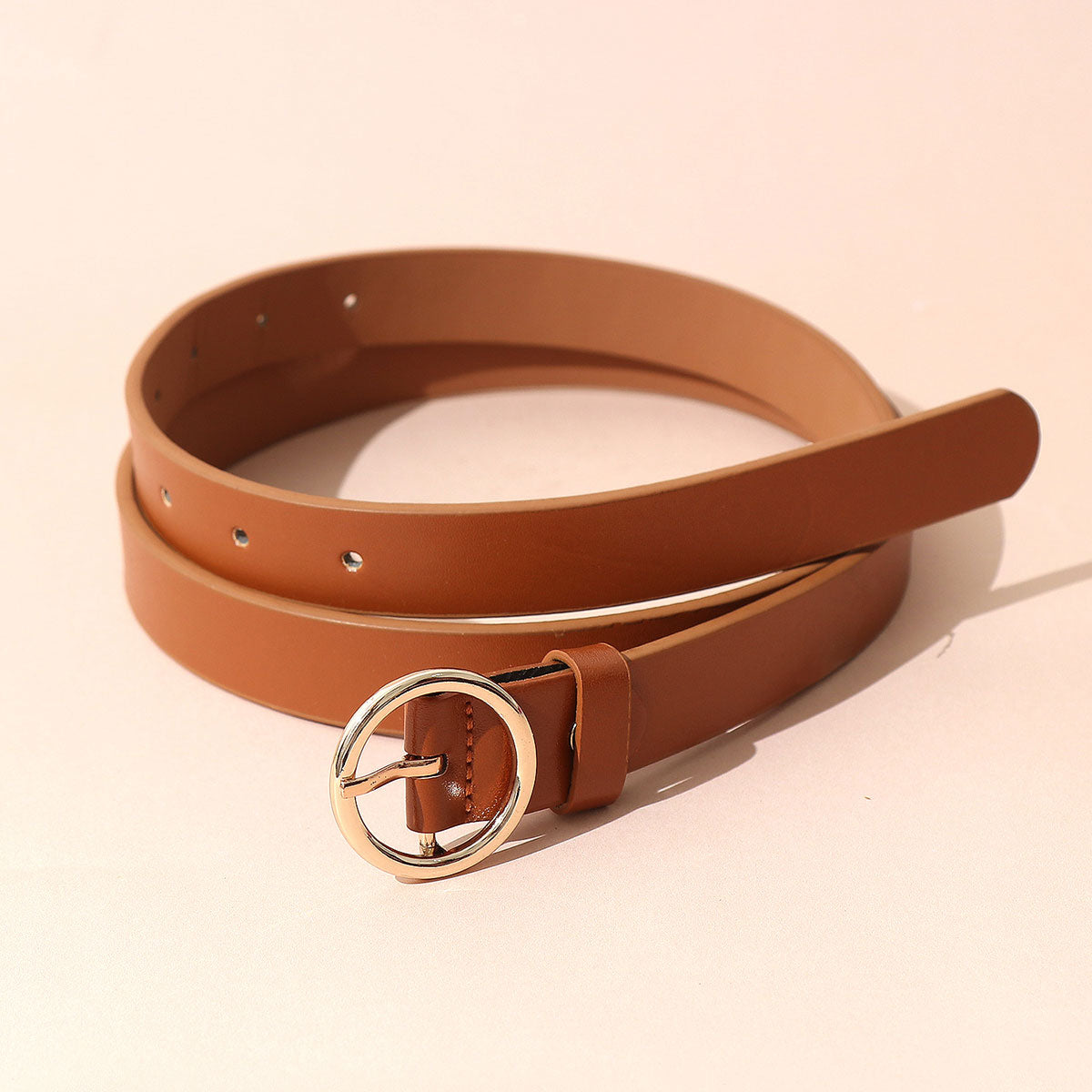 Classic Dark Brown Faux Leather Gold Round Buckle Belt