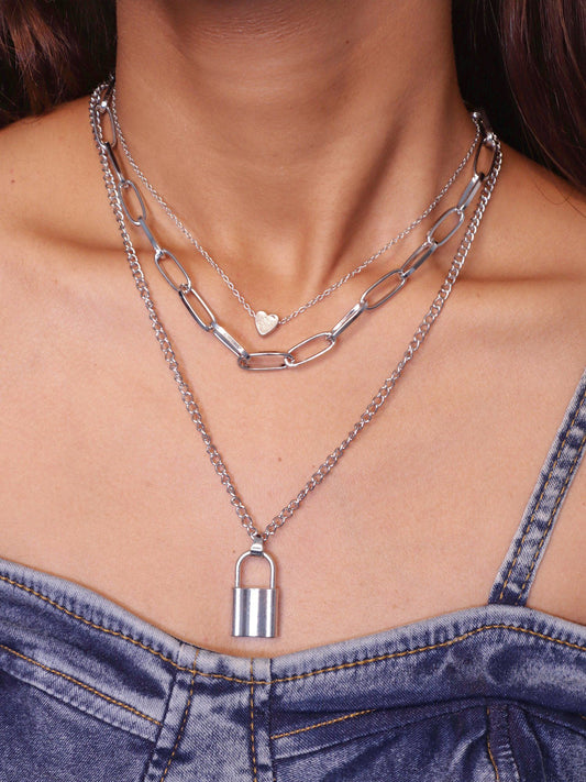 Silver Plated Layered Padlock Pendant Link Chain Necklace