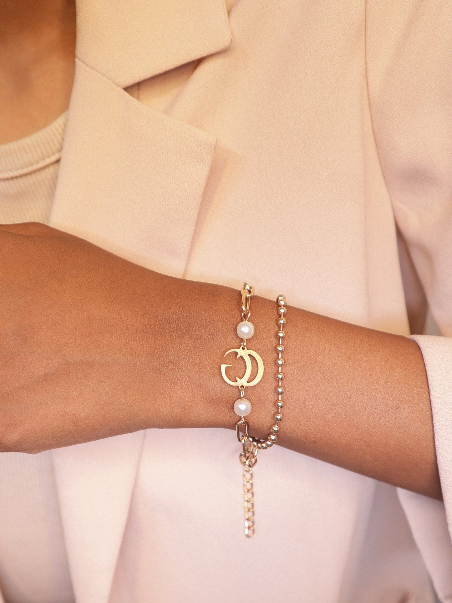 Layered Gold Plated and Pearl Link Chain Bracelet